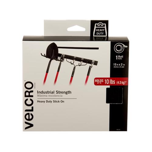 VELCRO Brand 90197 Fastener, 2 in W, 15 ft L, Nylon, Black, 10 lb, Rubber Adhesive