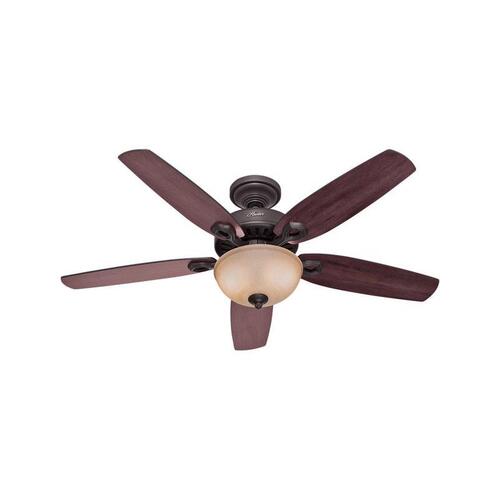 Hunter 53091 Ceiling Fan, 5-Blade, Brazilian Cherry/Stained Oak Blade, 52 in Sweep, 3-Speed, With Lights: Yes