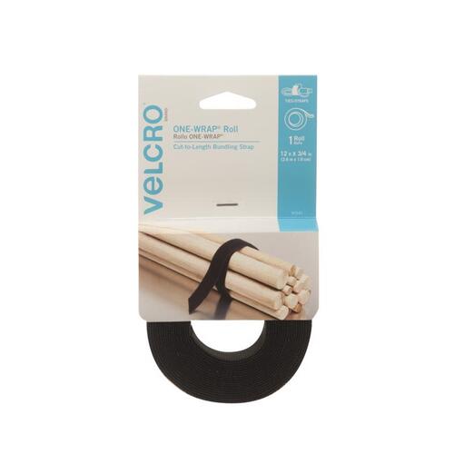 VELCRO Brand 90340 One Wrap Fastener, 3/4 in W, 12 ft L, Nylon/Polypropylene, Black
