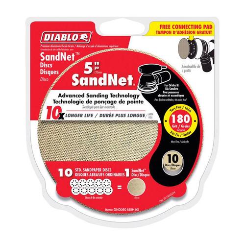 Sanding Disc, 5 in Dia, 180 Grit, Very Fine, Aluminum Oxide Abrasive, Universal - pack of 10