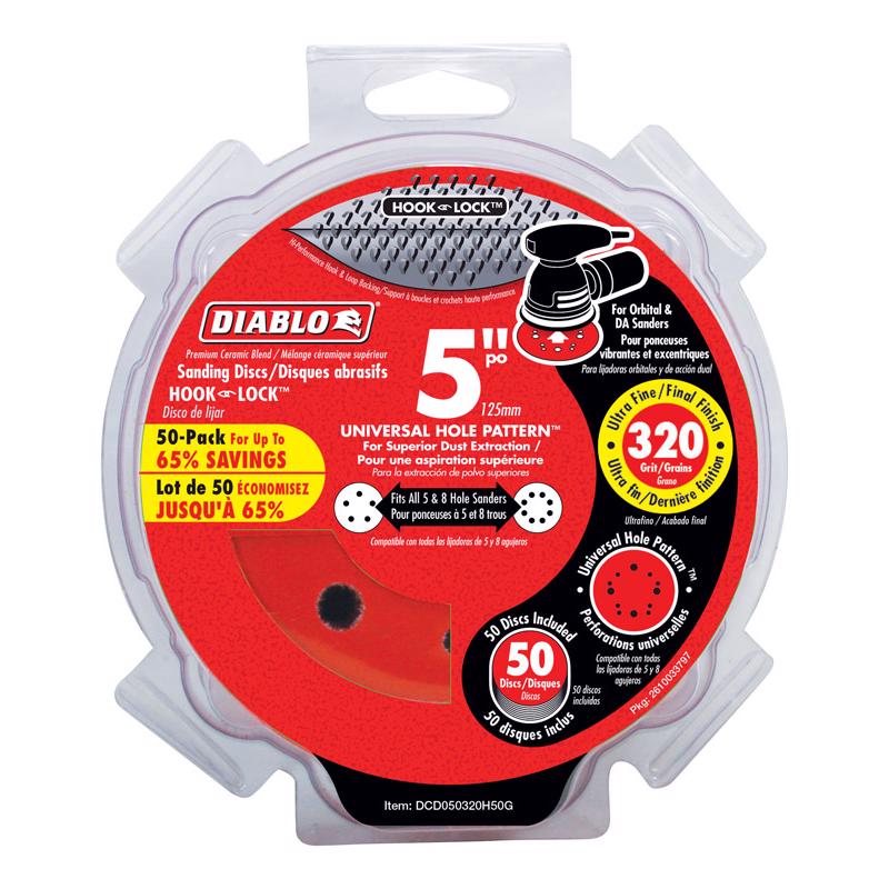 Diablo DCD050320H50G Sanding Disc, 5 in Dia, 320 Grit, Super Fine, Ceramic Abrasive, Universal Red - pack of 50