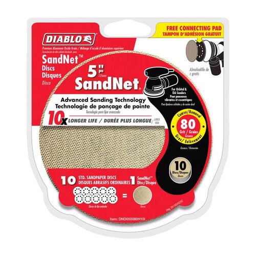 Sanding Disc, 5 in Dia, 80 Grit, Coarse, Aluminum Oxide Abrasive, Universal - pack of 10