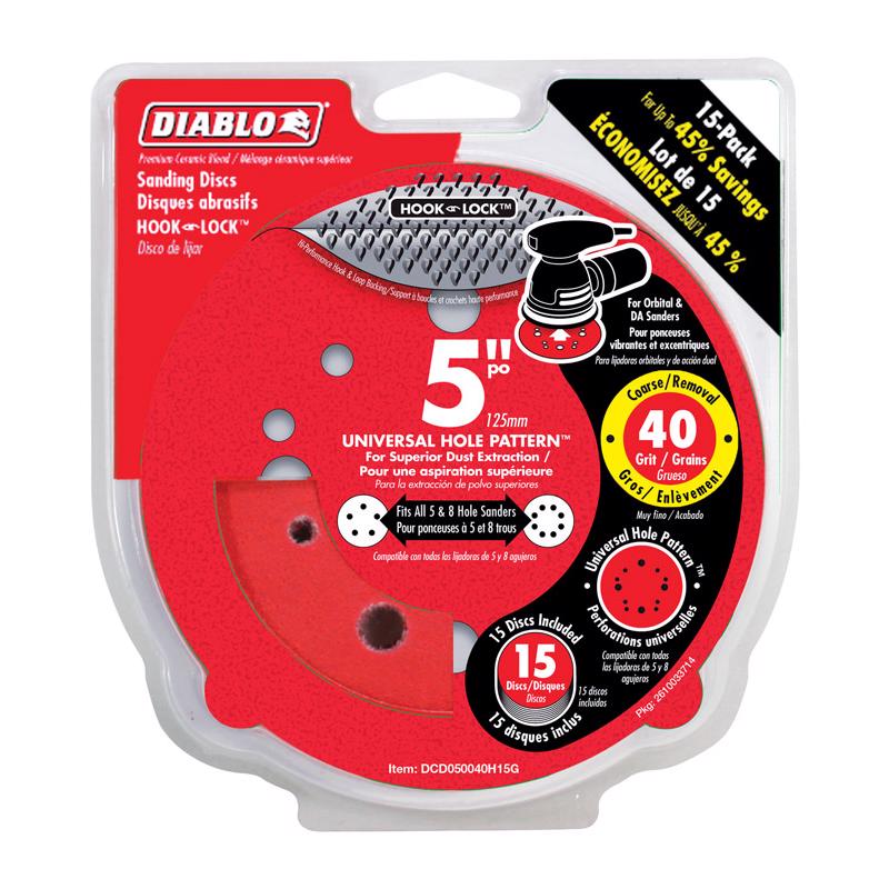 Diablo DCD050040H15G Sanding Disc, 5 in Dia, 40 Grit, Ultra Coarse, Ceramic Abrasive, 12-Hole Red - pack of 15