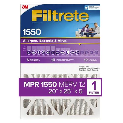 Ultra Deep Pleat Filter, 25 in L, 20 in W, 12 MERV, 1550 MPR White