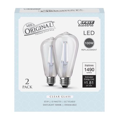 Filament LED Bulb ST19 E26 (Medium) Daylight 100 W Clear Pair