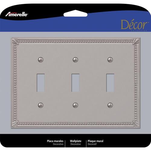 Wall Plate Imperial Bead Brushed Nickel Gray 3 gang Metal Toggle Brushed Nickel