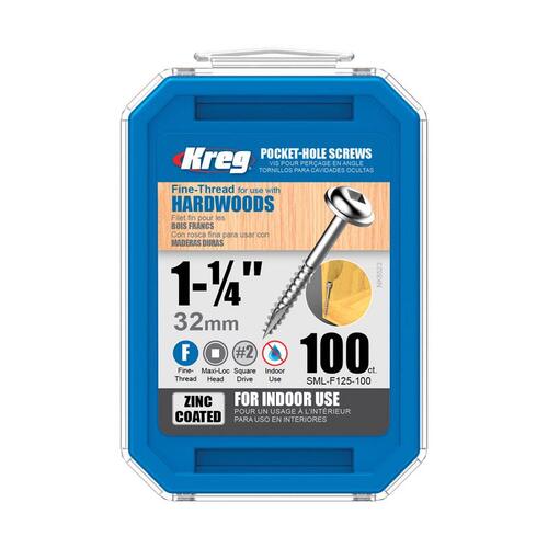 Kreg SML-F125 - 100 Pocket-Hole Screw, #7 Thread, 1-1/4 in L, Fine Thread, Maxi-Loc Head, Square Drive, Carbon Steel - pack of 100