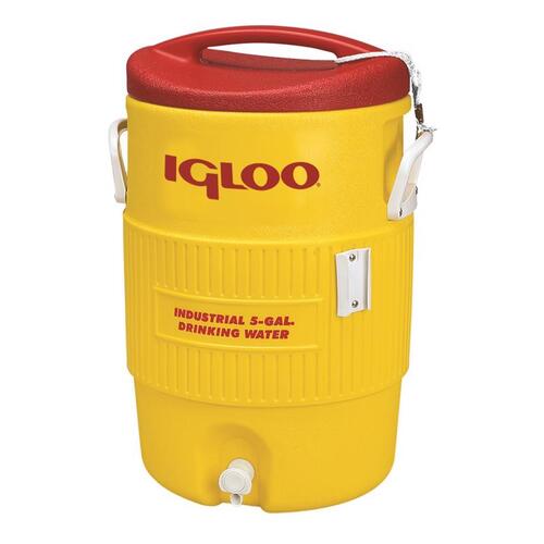 Water Cooler, 5 gal Tank, Drip-Resistant, Recessed Spigot, Plastic, Red/Yellow