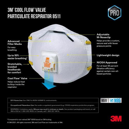 3M 8511HB1-C TEKK Protection Disposable Valved Respirator, N95 Filter Class