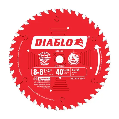 Circular Saw Blade, 8 to 8-1/4 in Dia, 5/8 in Arbor, 40-Teeth, Carbide Cutting Edge Perma-Shield