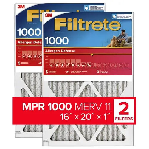 Disposable Air Filter, 20 in L, 16 in W, 11 MERV, 90 % Filter Efficiency, Fiberglass Filter Media - Pair White - 2 per pack x3 packs