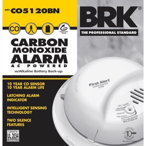 First Alert CO5120BN Carbon Monoxide Alarm, 10 ft, 85 dB, Alarm: Audible, Electrochemical Sensor