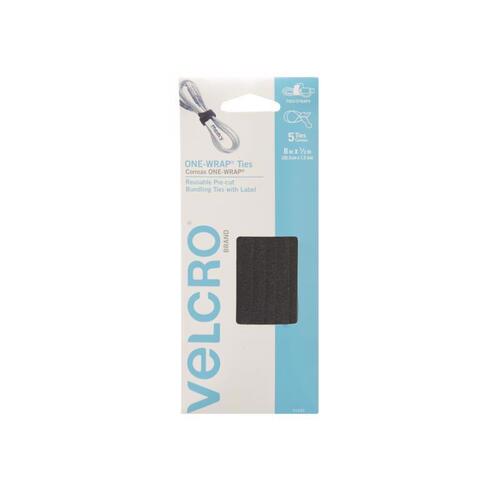 VELCRO Brand 91426 One Wrap Fastener, 1/2 in W, 8 in L, Velcro, Black - pack of 5
