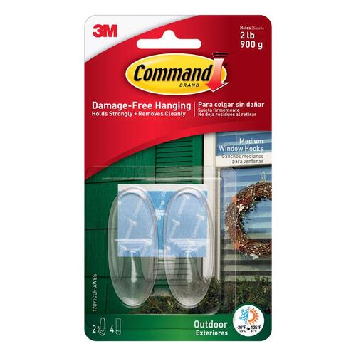 Hook Command Medium Plastic 1.625" L Clear Pair