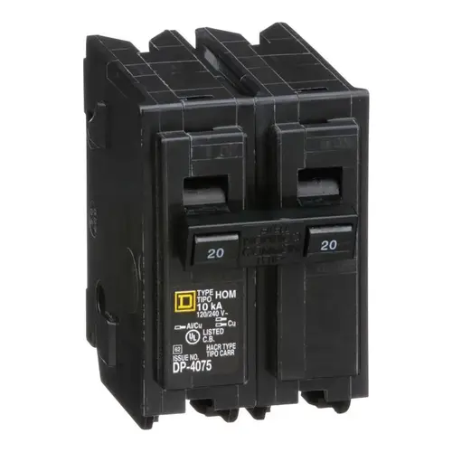 Homeline Circuit Breaker, Mini, 20 A, 2 -Pole, 120/240 V, Fixed Trip, Plug Mounting, Black