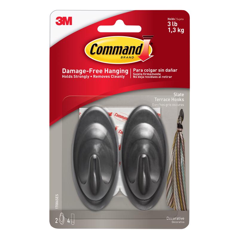 Command 17086SES Terrace Hook, 3 lb, 2-Hook, Plastic, Slate Pair