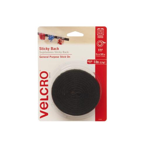 VELCRO Brand 90086 Fastener, 3/4 in W, 5 ft L, Nylon, Black, 5 lb, Rubber Adhesive