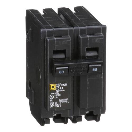 Homeline Circuit Breaker, Mini, 60 A, 2 -Pole, 120/240 V, Fixed Trip, Plug Mounting, Black