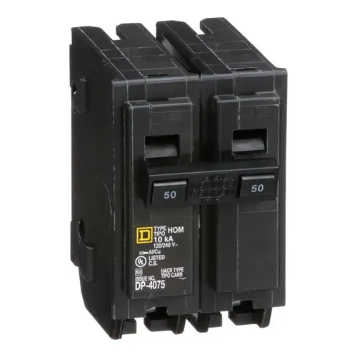Square D HOM250CP Homeline Circuit Breaker, Mini, 50 A, 2 -Pole, 120/240 V, Fixed Trip, Plug Mounting, Black
