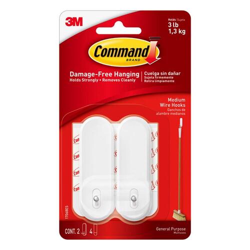 Wire Hooks Command Medium Plastic 3.16" L Whit - 2 per pack x4 packs