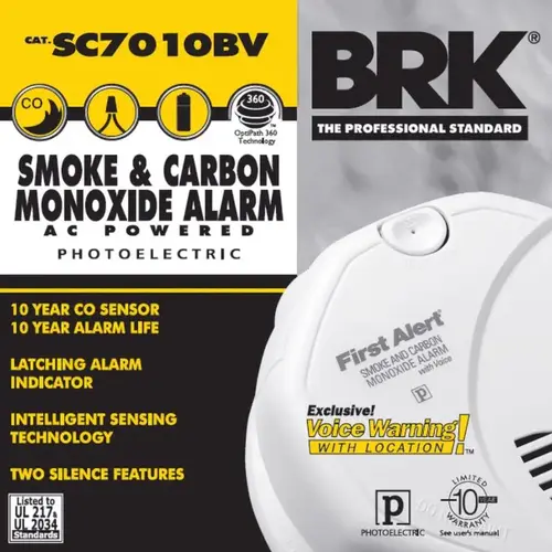 First Alert SC7010BV Carbon Monoxide Alarm, 10 ft, 85 dB, Alarm: Audible, Electrochemical, Photoelectric Sensor White