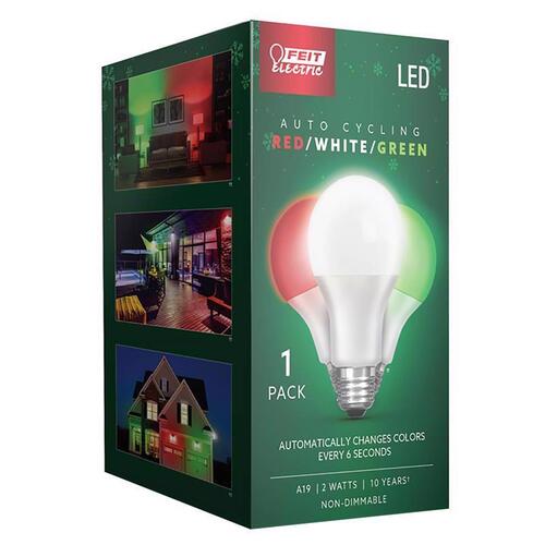 Feit Electric A19/RGW/LED/36 Auto Cycling LED Bulb A19 E26 (Medium) Green/Red/White 2 W