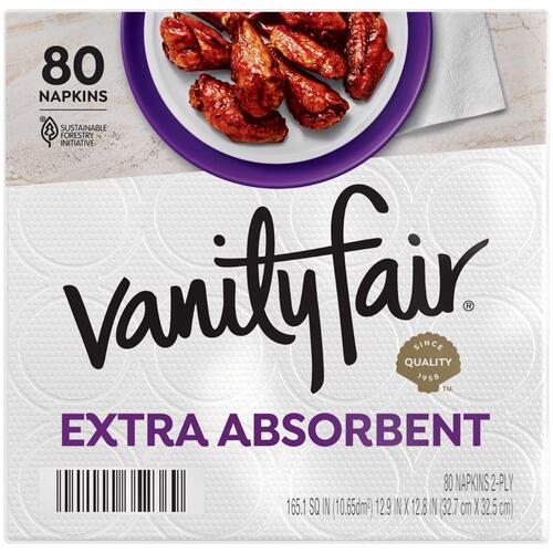Extra Absorbent Napkin, 6.38 in L, 6.38 in W, 2-Ply, Paper - pack of 80