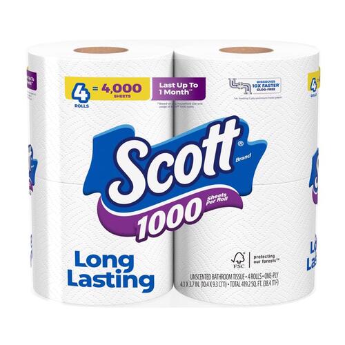 Toilet Paper 4 Rolls 1000 sheet 4" White - pack of 12