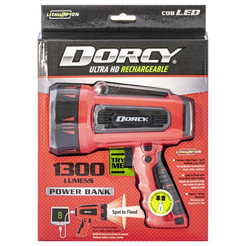 Dorcy 41-4356 Ultra HD Series Rechargeable Spotlight and Power Bank, LED Lamp, 1300 Lumens Lumens, Black Fixture