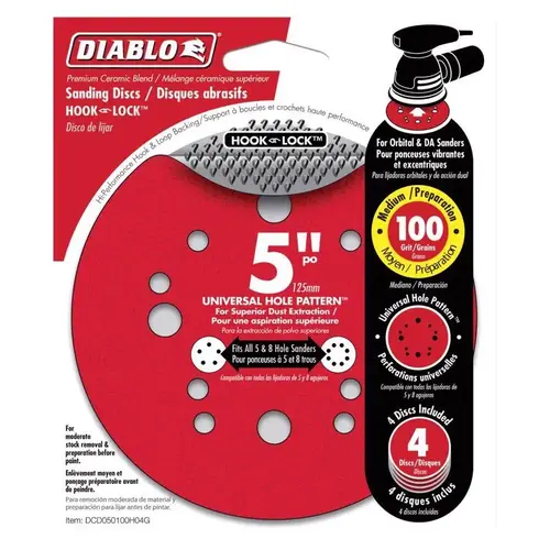 Sanding Disc, 5 in Dia, 100 Grit, Medium, Ceramic Abrasive, 12-Hole - pack of 4