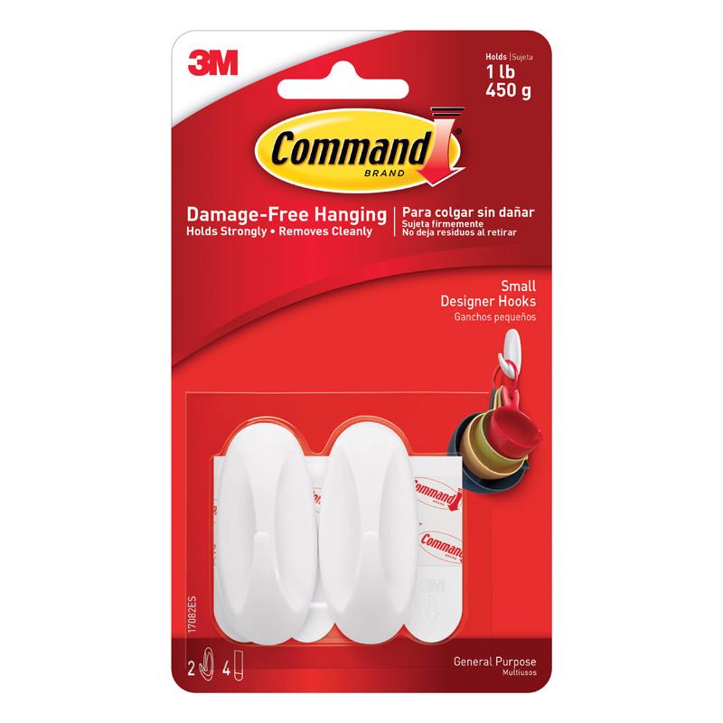 Command 5438262 Designer Hooks Command Small Plastic 2.125" L White Pair Gloss