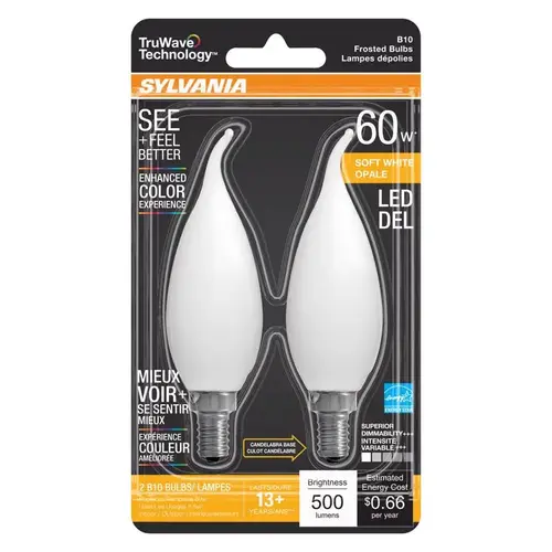 Sylvania 40781 LED Bulb Natural B10 E12 (Candelabra) Soft White 60 W Frosted Pair