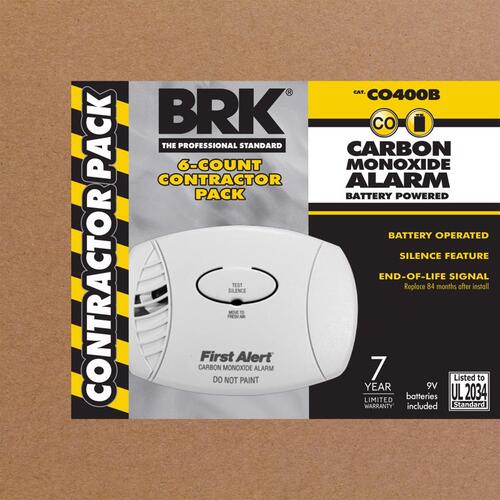 BRK Brands CO400B6CP Battery Operated Carbon Monoxide Alarm, Contractor - pack of 6