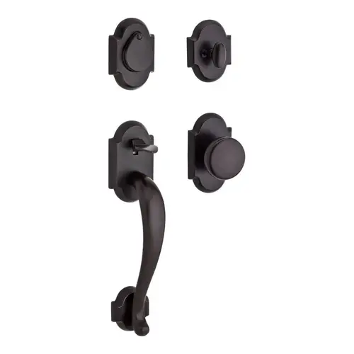 Single Cylinder Adirondack Handleset Rustic Knob and Rustic Arch Rose with 6AL Latch and Dual Strike Dark Bronze Finish