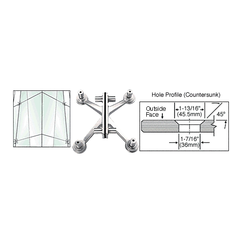 Polished Stainless 4-Way Heavy Duty Fin Stabilized Glass-to-Glass Spider Fitting