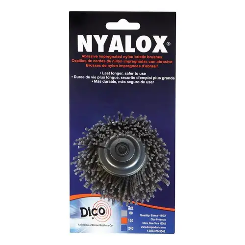 Cup Brush Nyalox 2.5" D X 1/4" X 1/4" D Crimped Nylon Mandrel Mounted 4500 rpm Gray