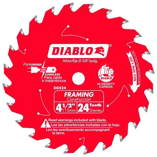 Saw Blade, 4-1/2 in Dia, 3/8 in Arbor, 24-Teeth, Applicable Materials: Wood Red