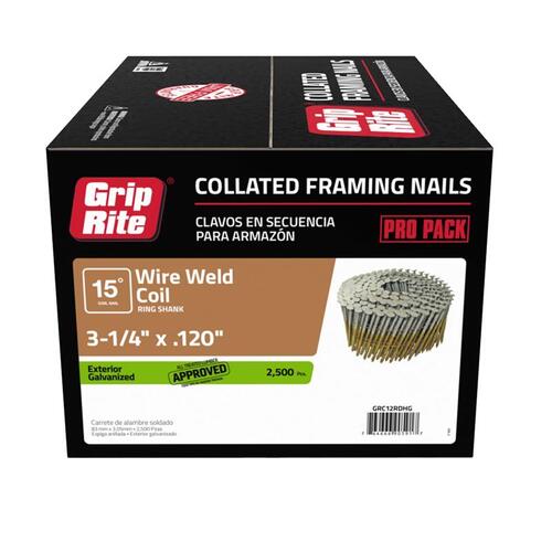 Framing Nails 3-1/4" 11 Ga. Wire Coil 15 deg Ring Shank Hot Dipped Galvanized