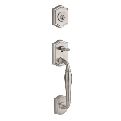 Single Cylinder Westcliff Handleset Traditional Knob and Traditional Arch Rose with 6AL Latch, Dual Strike, and SmartKey Satin Nickel Finish