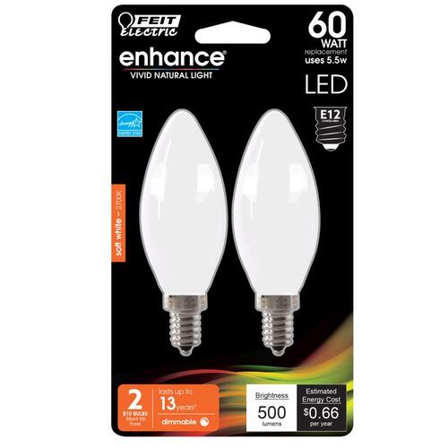 Filament LED Bulb Enhance Blunt Tip E12 (Candelabra) Soft White 60 W Frosted Pair