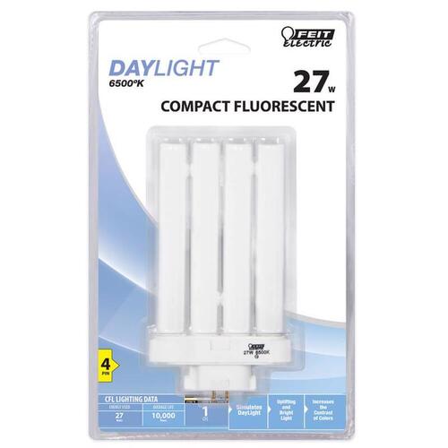 Compact Fluorescent Bulb, 27 W, PL Lamp, GX10Q-4 Lamp Base, 1450 Lumens, 6500 K Color Temp Clear