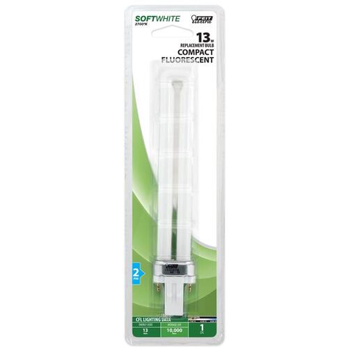 Compact Fluorescent Bulb, 13 W, PL Lamp, GX23 Lamp Base, 800 Lumens, 2700 K Color Temp Clear