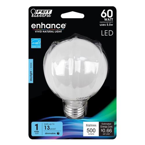 L LED Bulb, Globe, G25 Lamp, 60 W Equivalent, E26 Lamp Base, Dimmable, Daylight Light Frosted