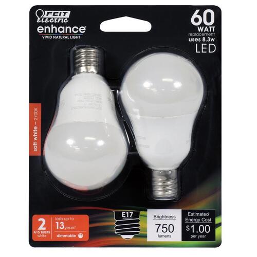 LED Bulb, General Purpose, A15 Lamp, 60 W Equivalent, E26 Lamp Base, Dimmable, White Pair