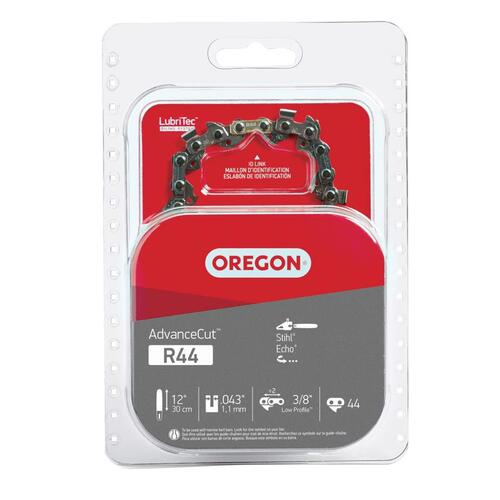 Oregon R44 AdvanceCut Chainsaw Chain, 12 in L Bar, 0.043 Gauge, 3/8 in TPI/Pitch, 44-Link Black/Silver