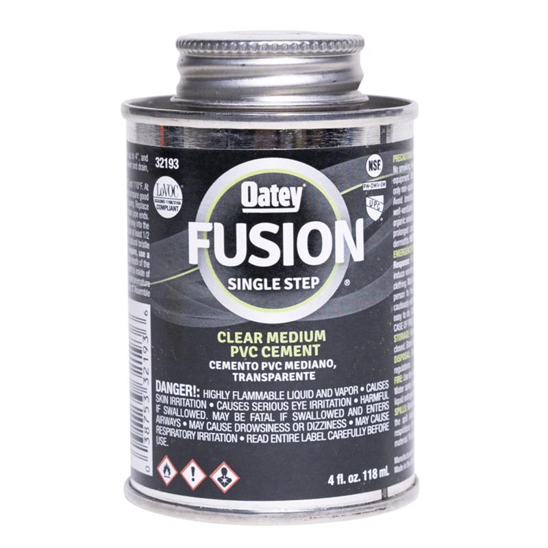 Oatey 321935 FUSION Single-Step Medium PVC Pipe Cement, Self-Priming, Clear, 4 oz.