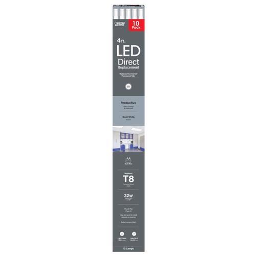 Plug and Play Tube, 120 to 277 V, 18 W, LED Lamp, 1800 Lumens Lumens, 4100 K Color Temp White - pack of 10