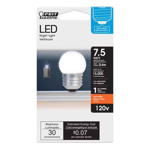 LED Night Light Bulb, 0.6 W, E26 Medium Lamp Base, S11 Lamp, Soft White Light