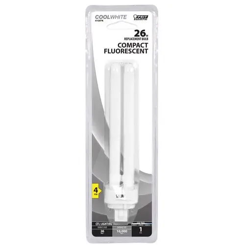 Compact Fluorescent Bulb, 26 W, PL Lamp, G24Q-3 Lamp Base, 1600 Lumens, 4100 K Color Temp Clear