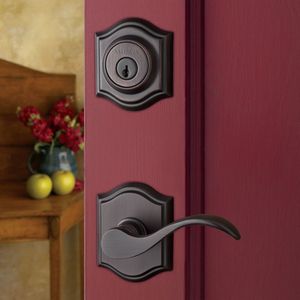 Single Cylinder Westcliff Handleset Left Hand Curve Lever and Traditional Arch Rose with 6AL Latch and Dual Strike Lifetime Brass Finish